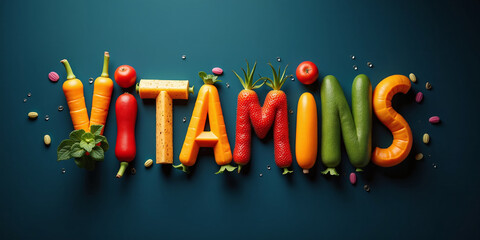 Illustrative representation of the word vitamins formed from different fruits and vegetables, adequate intake of vitamins for stable health