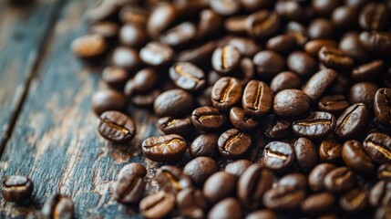 Poster - A close-up shot of freshly roasted coffee beans scattered on a wooden table, highlighting their rich texture and deep brown color, inviting coffee lovers to indulge.