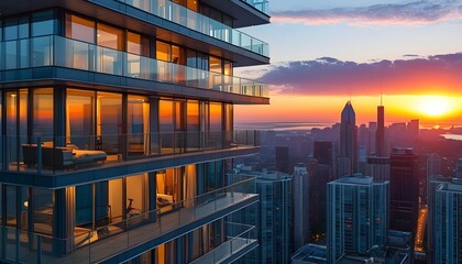 Canvas Print - Sleek High-Rise Apartment Tower Reflecting Sunset with Glass Balconies in Vibrant Urban Landscape