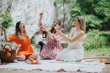 Sticker - Three young women enjoying a picnic and celebrating with champagne. They are sitting on a blanket, surrounded by nature, filled with joy and laughter.