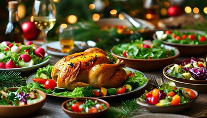 Festive dinner table adorned with roasted chicken, colorful vegetables, fresh salads, and an array of delicious side dishes