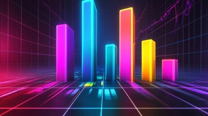Leinwandbilder - A colorful 3D bar graph rising on a grid background, with glowing bars representing data growth, and labels indicating different statistics.
