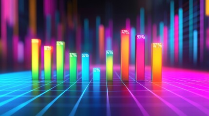 Leinwandbilder - A colorful 3D bar graph rising on a grid background, with glowing bars representing data growth, and labels indicating different statistics.