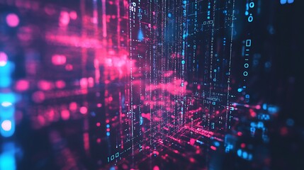 Poster - Abstract digital data stream of binary code in neon blue and red colors.