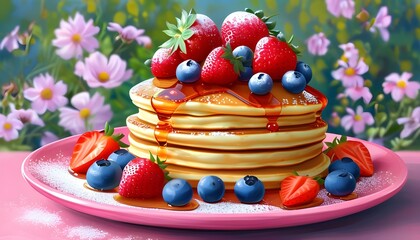 Wall Mural - Delicious stack of pancakes topped with fresh strawberries, blueberries, and syrup, served on a pink plate against a charming floral backdrop