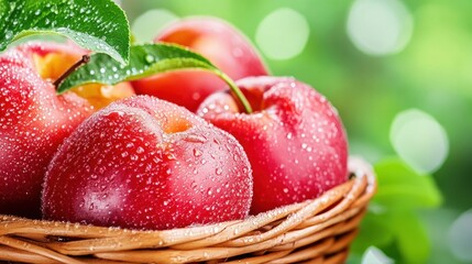 Wall Mural - Freshly Harvested Red Apples in Wicker Basket on Green Background