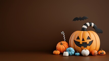 Wall Mural - Colorful Halloween pumpkins and decorations on a brown background, festive atmosphere.