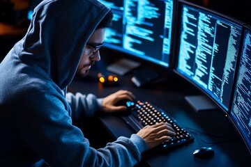 Aufkleber - Hacker in a dark room, wearing a hoodie, with only the glow of multiple computer screens illuminating their face as they type rapidly on a keyboard