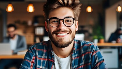 Wall Mural - Cheerful young professional with glasses and beard in modern office environment