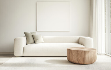 Modern living room featuring a light-colored sofa and wooden coffee table with minimalist decor and large windows allowing natural light