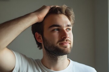 Wall Mural - A thoughtful young man with a contemplative expression, gazing out of a window.