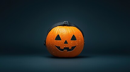 Wall Mural - Festive pumpkin with a carved face, dark background.