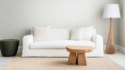 Wall Mural - Minimalist living room design featuring a white sofa, wooden coffee table, and stylish lamp in a modern space