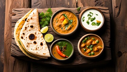 Authentic Indian Feast Featuring Naan, Raita, and Colorful Vegetable Curries on a Rustic Wooden Table