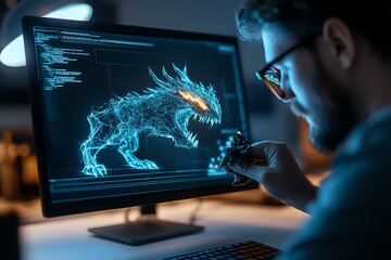 Poster - Hacker summoning digital creatures from the dark web, where glowing, glitchy beasts emerge from their computer screen, blending fantasy and cyber warfare