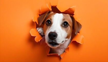 Wall Mural - Jack Russell Terriers playful nose peeking through torn paper against a vibrant orange backdrop