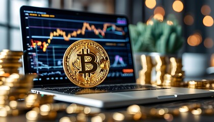 Wall Mural - Golden Bitcoin Coins Displayed with Cryptocurrency Market Graph on Laptop Screen