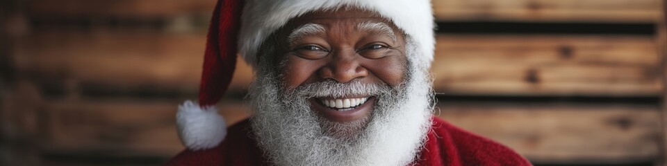 Wall Mural - A smiling man with a red hat and beard is wearing a Santa hat and is covered in snow