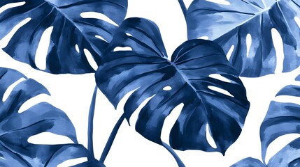 Wall Mural - Blue Monstera Leaves Watercolor Illustration