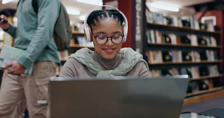 Poster - Girl, student and headphones with laptop in library for assignment essay, study music and exam research. University, african person and happy with technology for online course, dancing and education