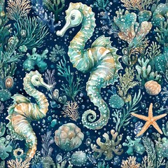 Wall Mural - Watercolor Sea Horse and Coral Seamless Pattern