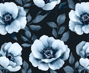 Wall Mural - Blue Watercolor Floral Pattern on Black Background