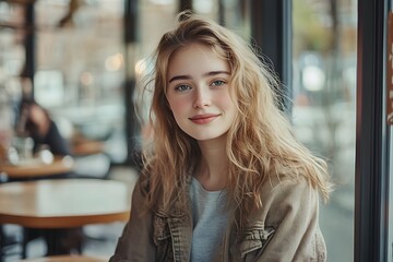 Wall Mural - A young woman with wavy hair smiling in a cozy café setting.