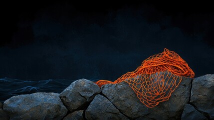 Orange fishing net draped over gray rocks by the sea with dark ocean backdrop