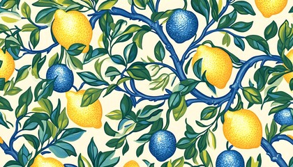 Poster - Yellow Lemons and Blue Citrus Fruit on Branches with Green Leaves