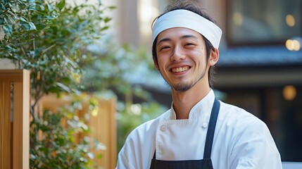 Poster - A young male chef with a white headband and a white chef's jacket smiles warmly as he stands in front of a blurred background.