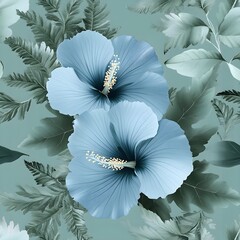 Poster - Blue Hibiscus Flowers and Green Leaves