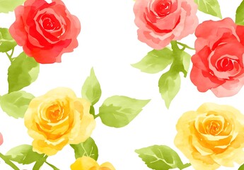 Wall Mural - Watercolor Roses with Green Leaves