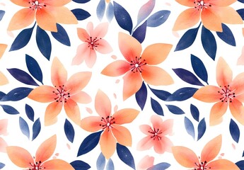 Wall Mural - Watercolor Floral Pattern with Peach and Navy Blue Flowers and Leaves