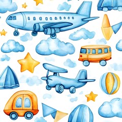 Canvas Print - Watercolor Seamless Pattern with Cute Airplanes, Bus, Cars, and Clouds