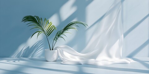 Canvas Print - Minimalistic Blue Background with White Fabric and Tropical Plant