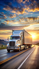 Cross-country truck hauling cargo isolated on a highway gradient background