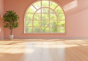 Canvas Print - Light Wood Floor With Arch Window And Plant