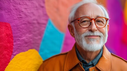 Canvas Print - Portrait of a smiling senior man with white hair and beard, wearing glasses and a brown jacket, against a colorful background.