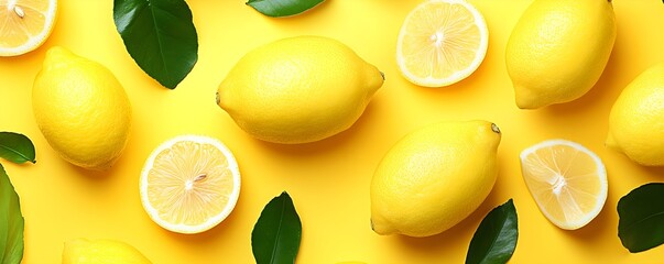 Poster - Yellow Lemon Pattern with Green Leaves