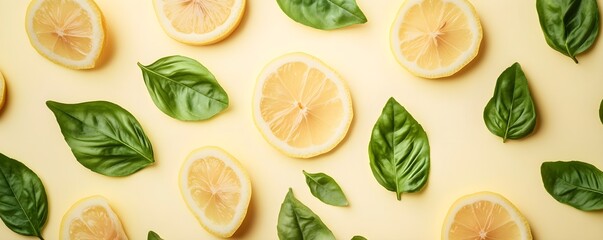 Wall Mural - Fresh Lemon Slices and Basil Leaves on Yellow Background