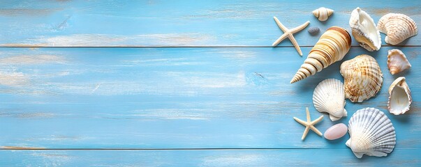 Wall Mural - Seashells and Starfish on Blue Wooden Background