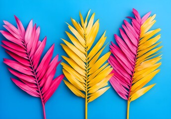 Wall Mural - Colorful Tropical Palm Leaves on Blue Background