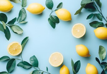 Canvas Print - Lemons and Green Leaves on a Blue Background