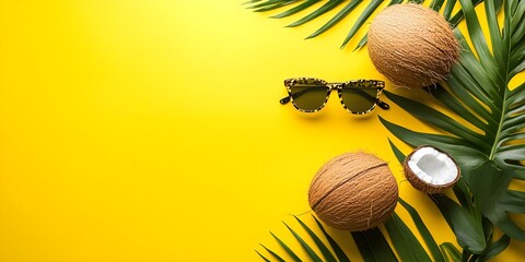 Sticker - Coconut, Palm Leaves and Sunglasses on Yellow Background