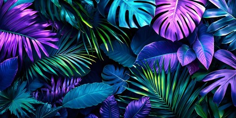 Canvas Print - Tropical Neon Leaf Background