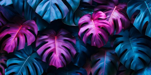 Poster - Tropical Monstera Leaves in Neon Colors