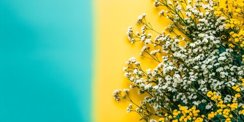 Wall Mural - White and Yellow Flowers on a Blue and Yellow Background