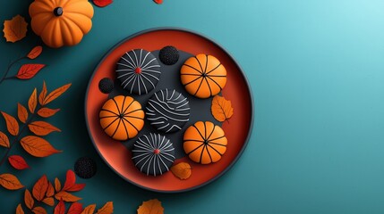 Wall Mural - Colorful autumn-themed cookies on a plate with leaves, vibrant background.