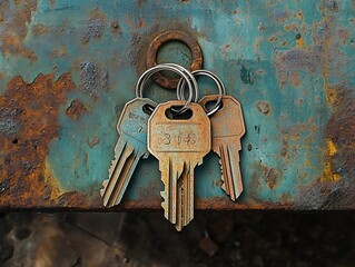 Rusty Old Keys On Metal Surface - Vintage Keyring