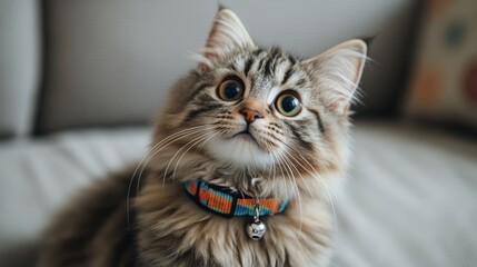 Poster - A cute fluffy cat with big round eyes wearing a colorful collar with a tiny bell, sitting comfortably on a couch, looking up curiously.